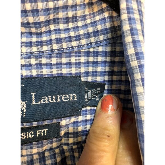 Ralph Lauren Men's Classic Fit Button-Down Gingham Shirt Size 17.5 Blue - Picture 4 of 11